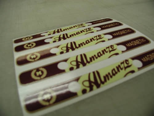 Durable custom sticker sheet featuring the Almanzo brand logo. 